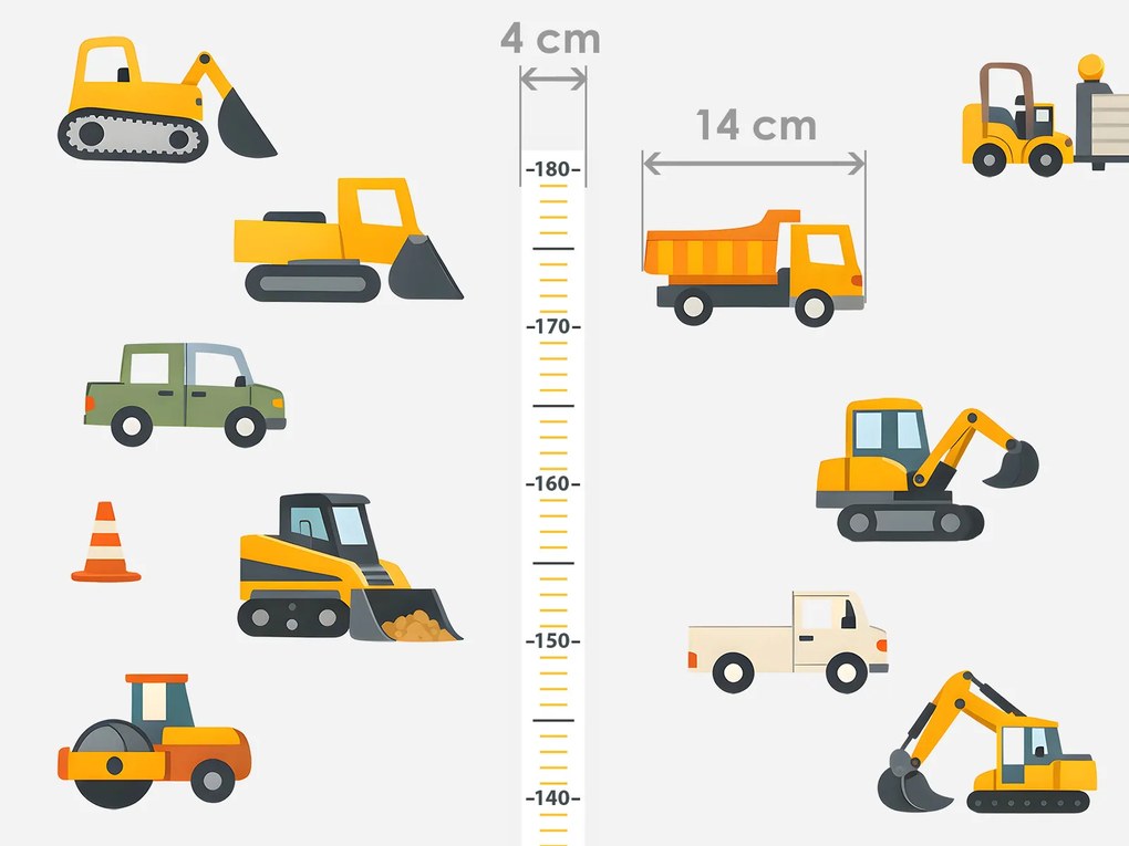 Meter a stavebné autíčka textilní prelepiteľná nálepka na stenu výška 160 cm