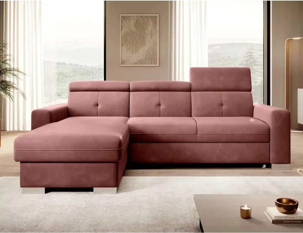 Ružová zamatová rozkladacia/s úložným priestorom rohová pohovka (ľavý roh/s leňoškou) Fresia – ELTAP