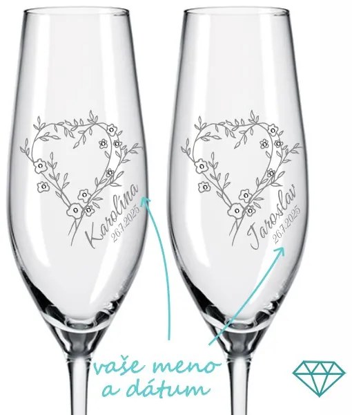 Svadobné poháre na sekt Rozkvitnuté srdcia s kryštálmi 2 ks