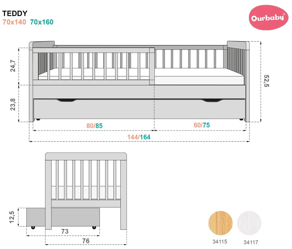 Ourbaby® 34117-0 Teddy white posteľ + úložný priestor 140x70 cm biela