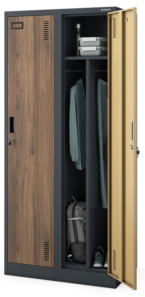 Kovová šatňová dvojmodulová skriňa na sokli s policou KACPER, 800 x 1800 x 500 mm, Eco Design: antracitová/ orech