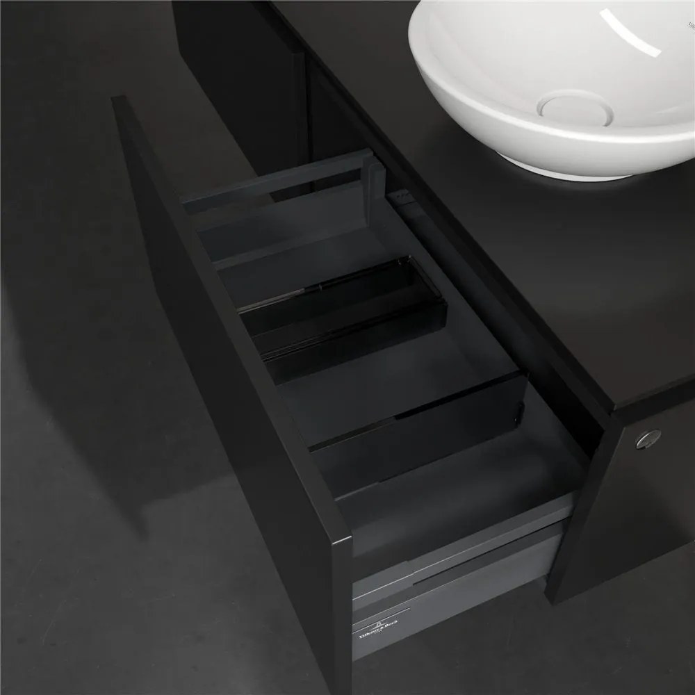 VILLEROY &amp; BOCH Legato závesná skrinka pod umývadlo na dosku (umývadlo vpravo), 2 zásuvky, s LED osvetlením, 1400 x 500 x 380 mm, Black Matt Lacquer, B589L0PD