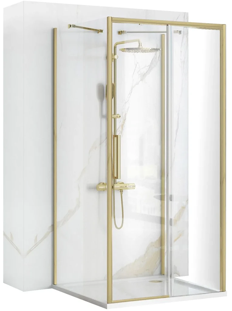 Rea Rapid Slide, 3-stenný sprchovací kút s posuvnými dverami 110(dvere) x 90(stena) x 195 cm, 6mm číre sklo, zlatý matný profil, KPL-04711