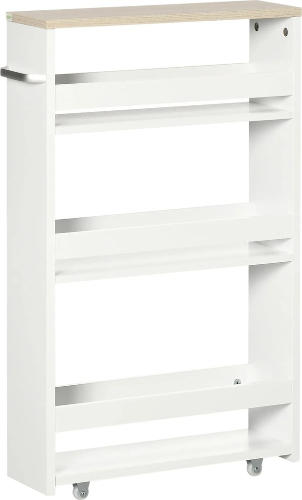 Kleankin úzky 3-poschodový úložný regál do kúpeľne s bočnou rukoväťou a kolesami 48x15x80 cm biely | Aosom