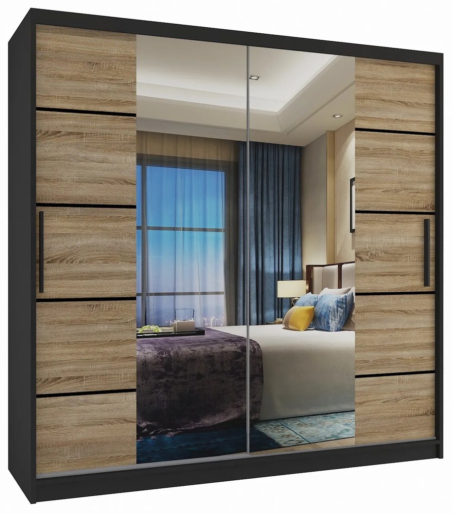Šatníková skriňa 200 cm Belini čierny mat / dub sonoma s posuvnými dverami zrkadlom a zásuvkami  ME SZP5/1/B/DS/0/KLP