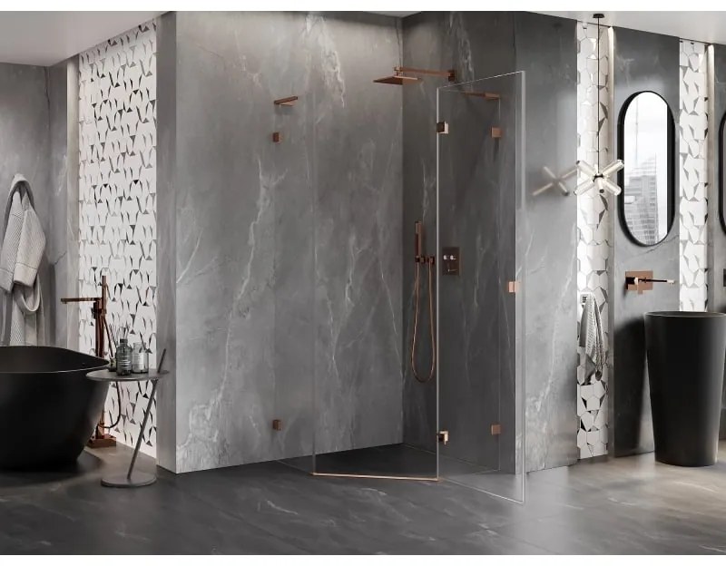 Mexen Lunar, L päťuholníkový sprchový kút s pravým sklonom 90 x 90 cm, 8mm číre sklo, profil ružové zlato, 831L-090P-090L-60-00-P