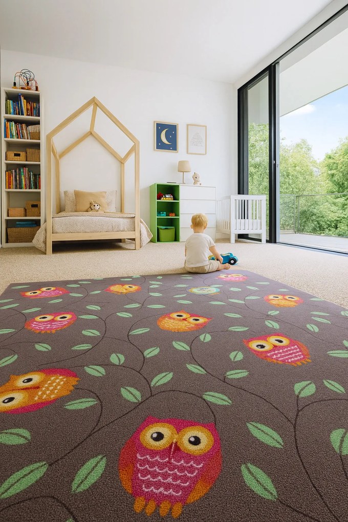 AladinWorld Expres, Detský metrážny koberec Little Owls, na mieru, šíře 4m, hnedá, filc, detská izba