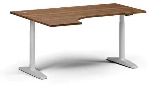 Výškovo nastaviteľný stôl OBOL, elektrický, 675-1325 mm, rohový ľavý, doska 1600x1200 mm, biela zaoblená podnož, orech