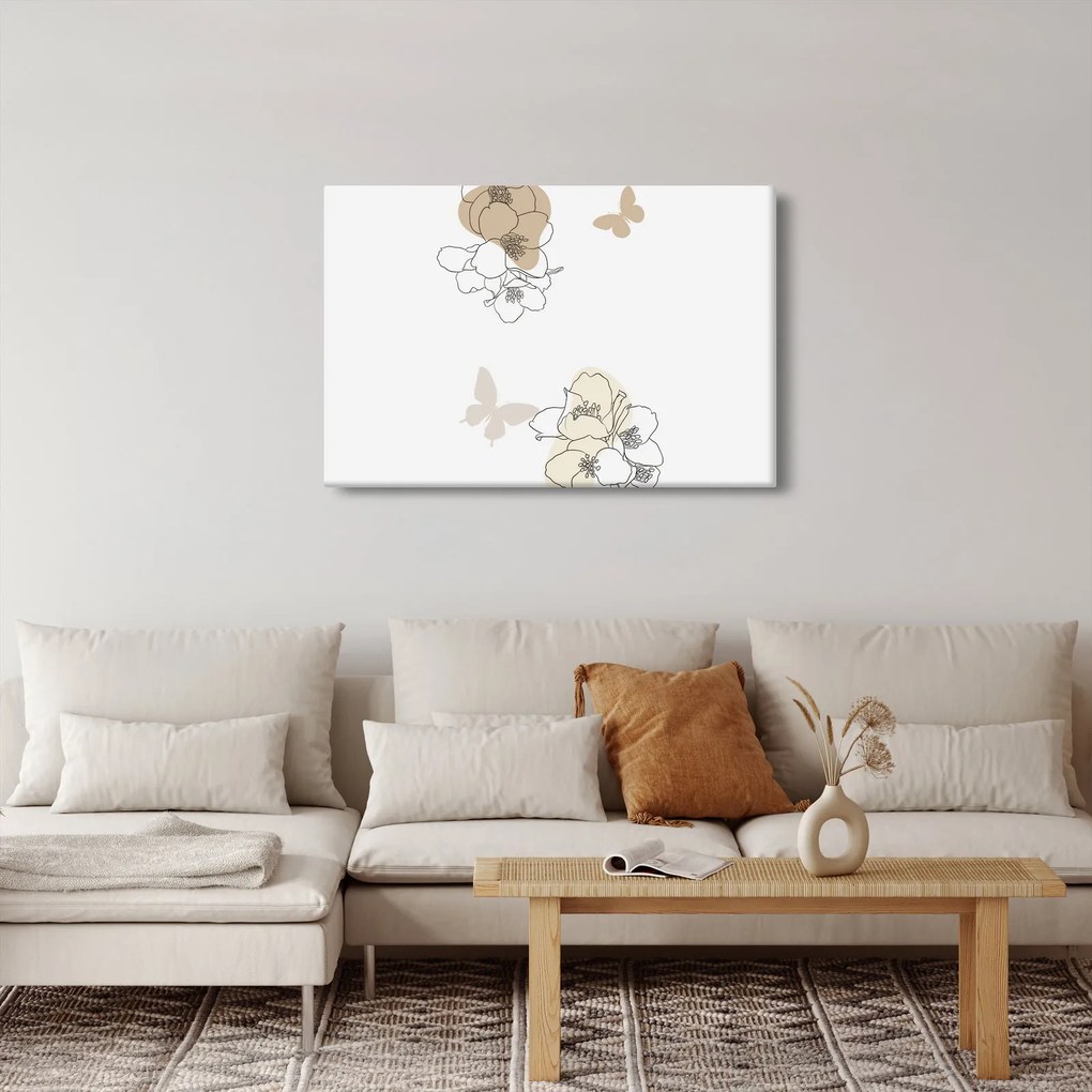 Obraz - Béžové kvety s motýľom N⁰2 (90x60 cm)