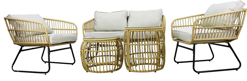 Garden Line ZÁHRADNÝ NÁBYTOK (SOFA, 2 STOLIČKY, 2 STOLY) - HNEDÁ, VANKÚŠE - ŠEDÁ *7534