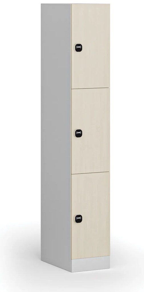 Šatníková skrinka s úložnými boxmi, 3 boxy, 1850 x 300 x 500 mm, demont, zámok s čítačkou RFID kariet, laminované dvere, breza