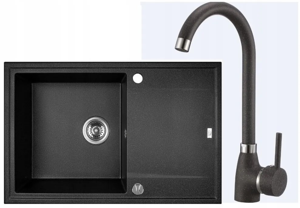 Laveo Megalo, 1-komorový granitový drez 780x500x185 mm + drezová batéria, čierna škvrnitá, LAV-SBEA711T
