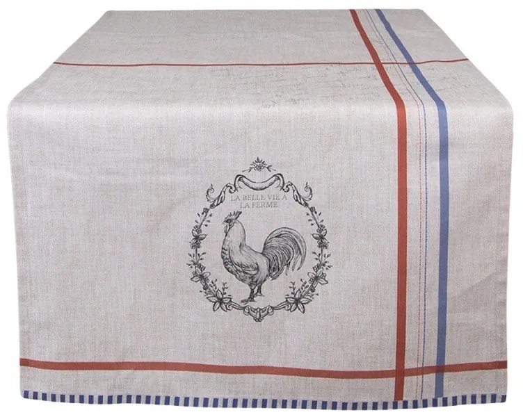 Bavlnený obrus - behúň v béžovom farebnom prevedení s dekorom kohúta 50 x 140 cm Clayre & Eef 42893