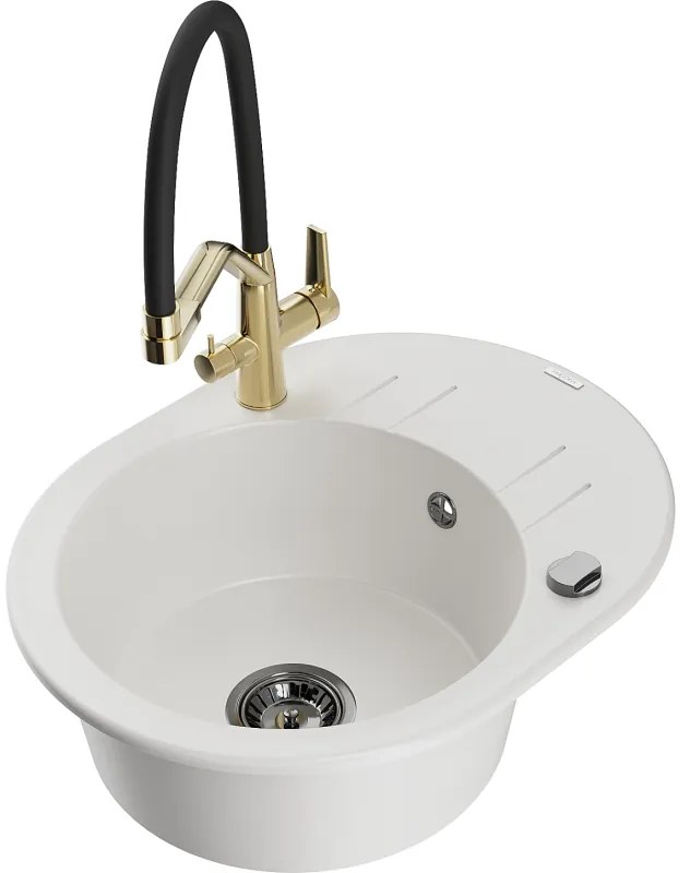 Mexen Kevin, granitový drez 586x458x190 mm, 1-komorový a biela batéria Duo, biela, 6517-20-671701-57-B