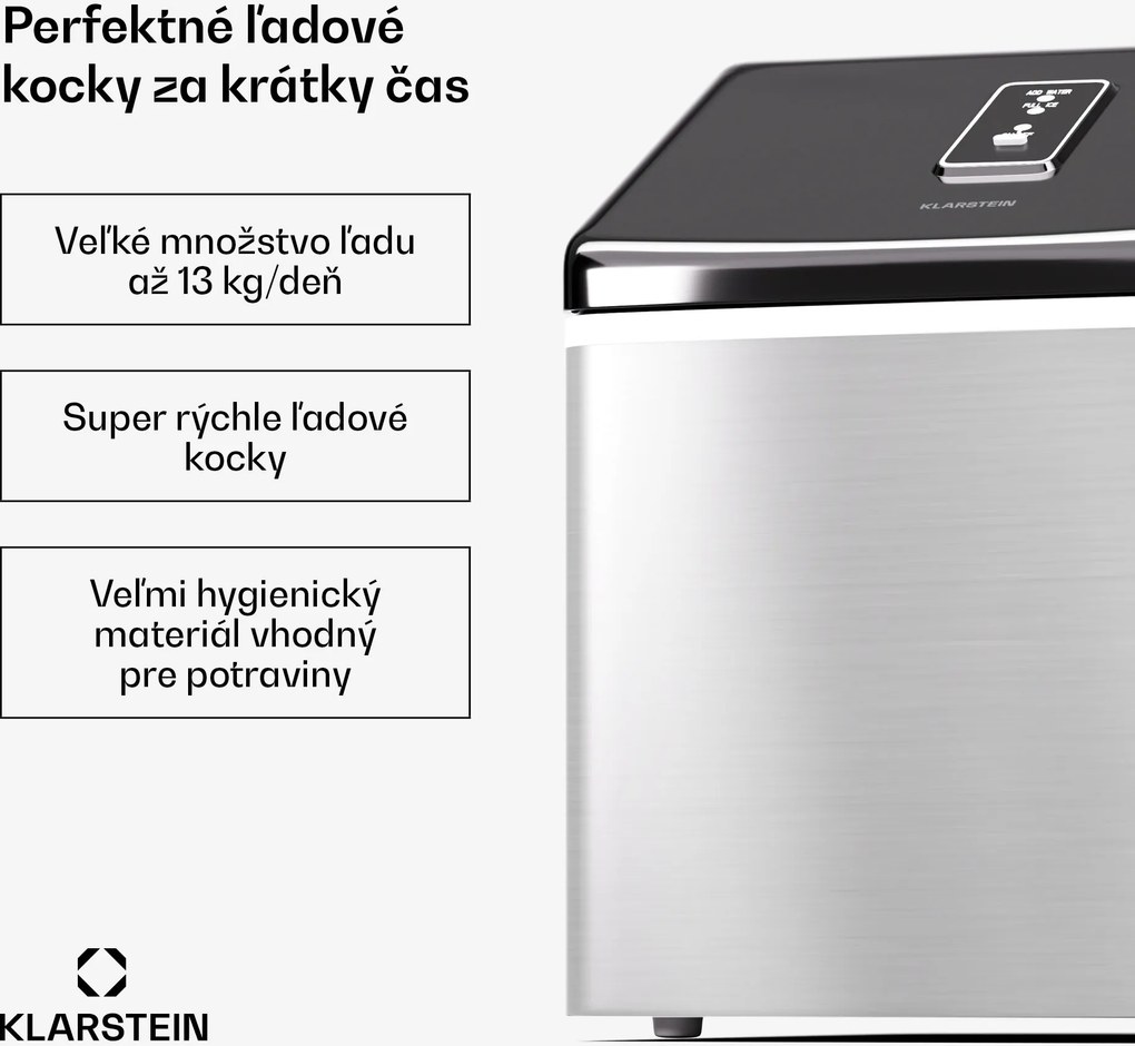 Klarstein Clearcube, výrobník ľadu, 13 kg/24 h, nehrdzavejúca oceľ, čierny