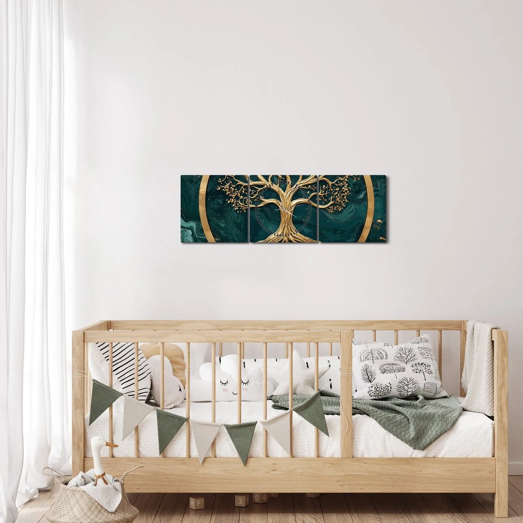 Obraz – Zlatý strom života v mramore (s hodinami) (90x30 cm)