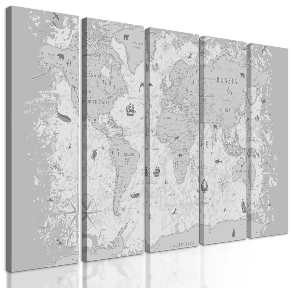5-dielny obraz mapa sveta s historickým nádychom v čiernobielom prevedení