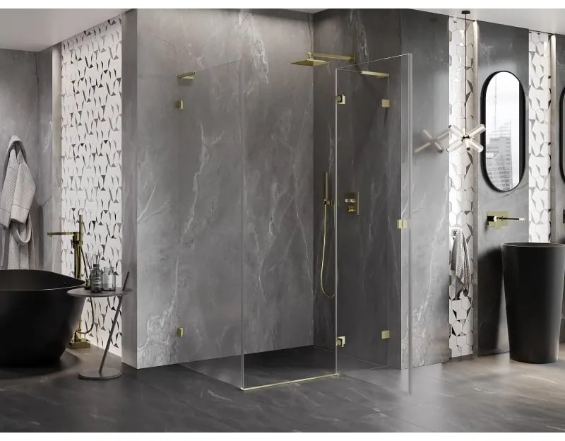 Mexen Lunar, L pravý výklopný sprchový kút 85 x 80 cm, 8mm číre sklo, zlatý kartáčovaný - 834L-085-080-55-00-P
