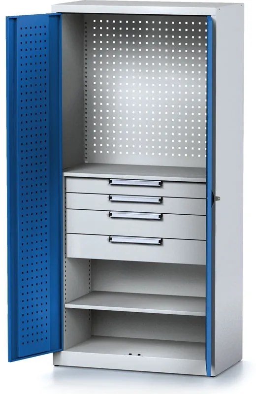 Dielenská skriňa MECHANIC, 1950x920x500 mm, 2 police, 4 zásuvky modré dvere