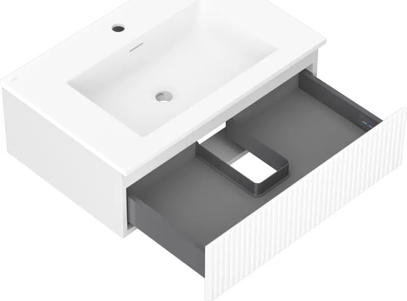 Mexen Rivel, kúpeľňová skrinka 70 cm s umývadlom Otis, 1 zásuvka, drážkovaná, biela matná, 91A20-07023-1-BF01-W18M01
