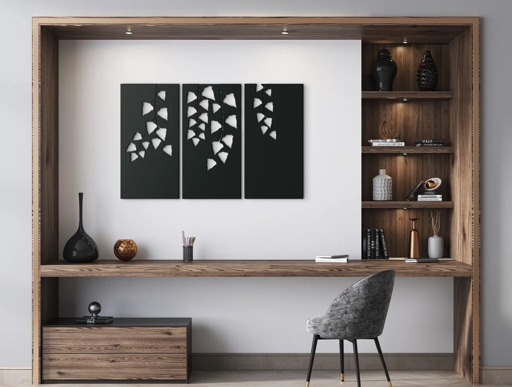 drevko 3-dielny obraz Listy brezy Rozmer obrazu: 28 x 44,5 cm, Farba dekorácie: Čierna