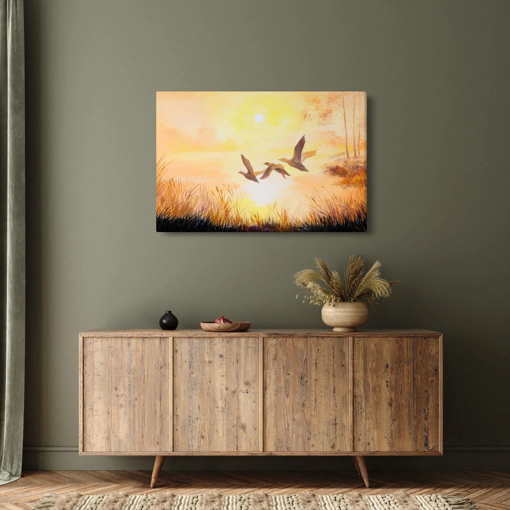 Obraz - Žeriavy pri západe slnka (90x60 cm)