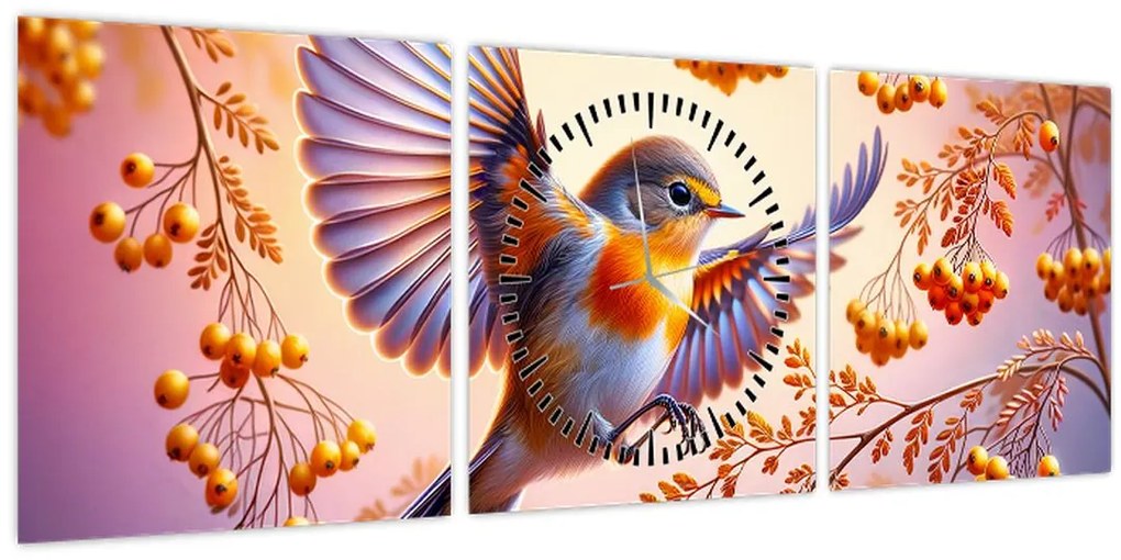 Obraz - Vták s jarabinou (s hodinami) (90x30 cm)