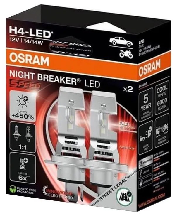 Sada 2x LED autožiarovka NIGHT BREAKER SPEED H4 P43T/14W/12V 6000K - Osram