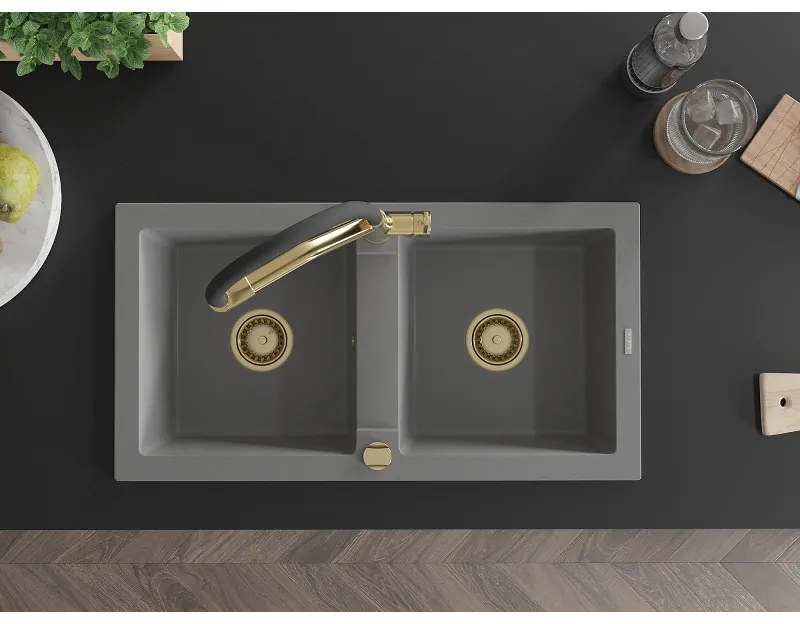 Mexen Mario, granitový drez 820x436x161 mm, 2-komorový a drezová batéria Duo, šedá, 6504-71-671701-57-G