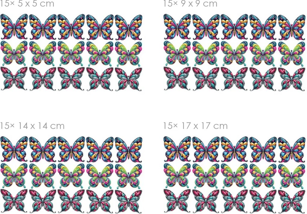Motýle pestré 15 ks textilní prelepiteľné nálepky na stenu 15 ks 5 × 5 cm