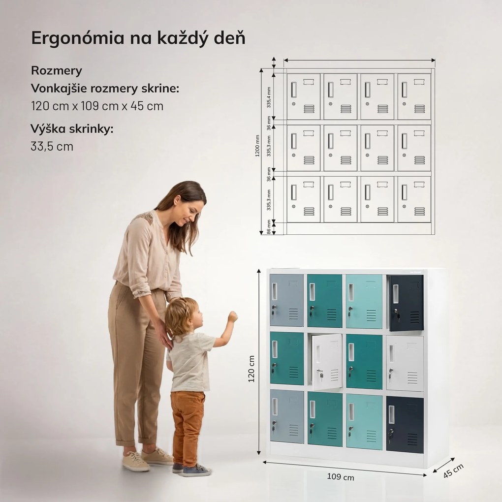Kovová skrinka do školy a škôlky sivo-modro-tmavomodrá, 1090x1200x450 mm: OLA