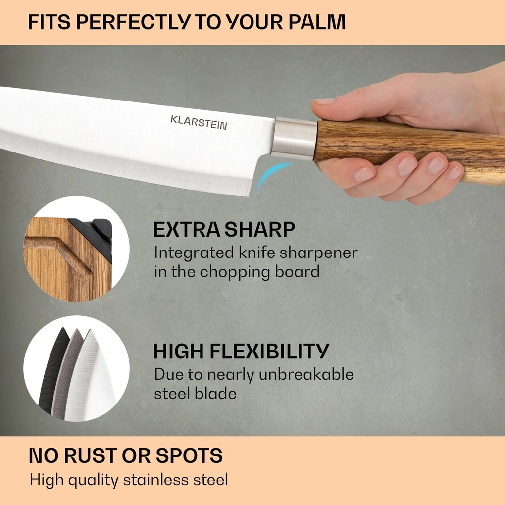 Klarstein Komaki, sada nožov, 8-dielna, 5 nožov, 3 dosky na krájanie, držiak na ostrenie nožov