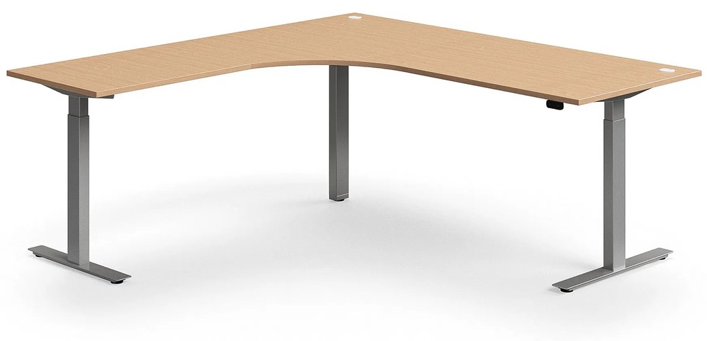 Výškovo nastaviteľný stôl FLEXUS, rohový, 2000x2000 mm, strieborný rám, buk