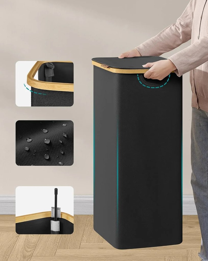 Kôš na bielizeň s vekom, veľký kôš na prádlo 90 l, skladateľný, čierny