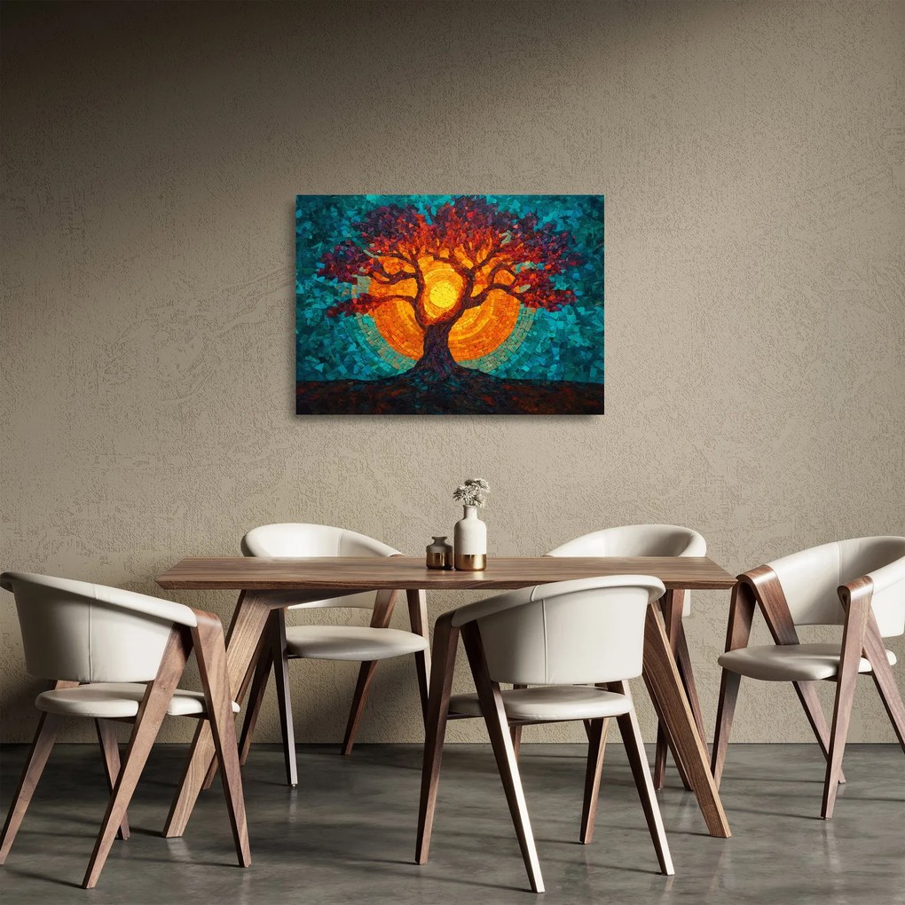 Sklenený obraz - Strom života a slnko v mozaike (70x50 cm)