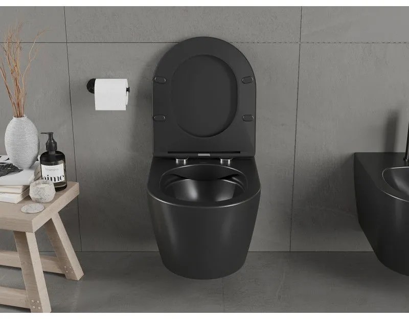 Mexen Carmen závesné wc Rimless s toaletným Slim sedátkom z duroplastu, čierna matná - 30881085
