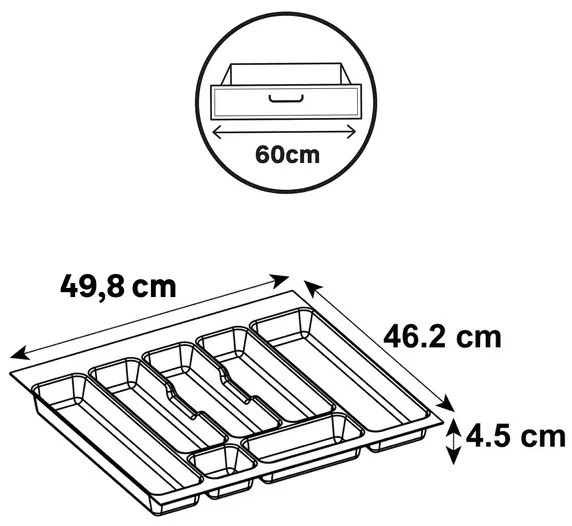 Vložka / příborník do 60cm šuplíku - CUTLERY šedý plast 50 x 46 cm