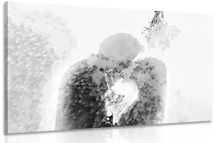 Obraz zamilovaný pár pod imelom v čiernobielom prevedení Varianta: 60x40