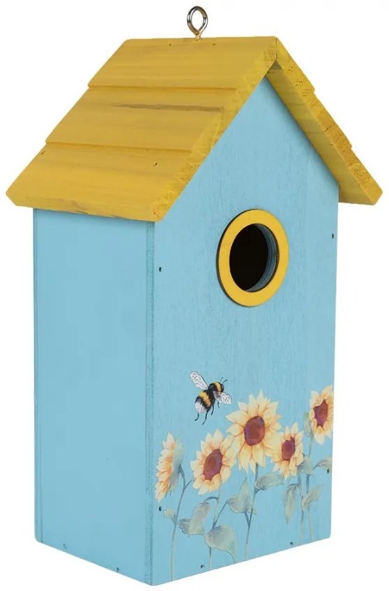 Modro-žltá drevená vtáčia búdka so slnečnicami Birdhouse - 15*10*22 cm