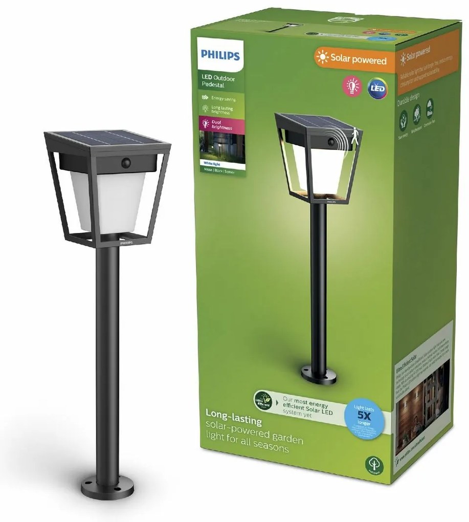 Philips Nissa UltraEfficient solárny LED stĺpik, senzor, čierna, 1,8 W, 250/25 lm, 3000 K