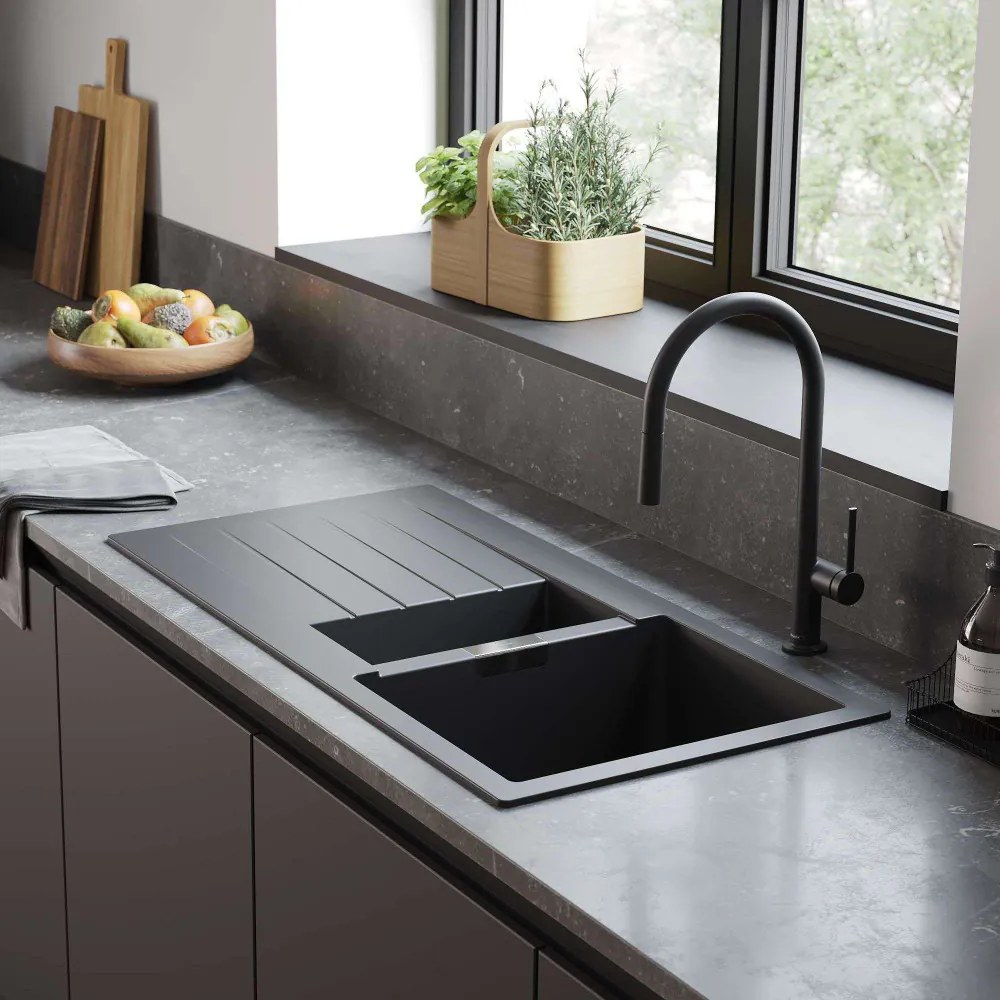 HANSGROHE S520-F530 SilicaTec granitový dvojdrez s odkvapávacou plochou, obojstranný, s excentrom, horná montáž, 1000 x 500 mm, grafitová čierna, 43357170