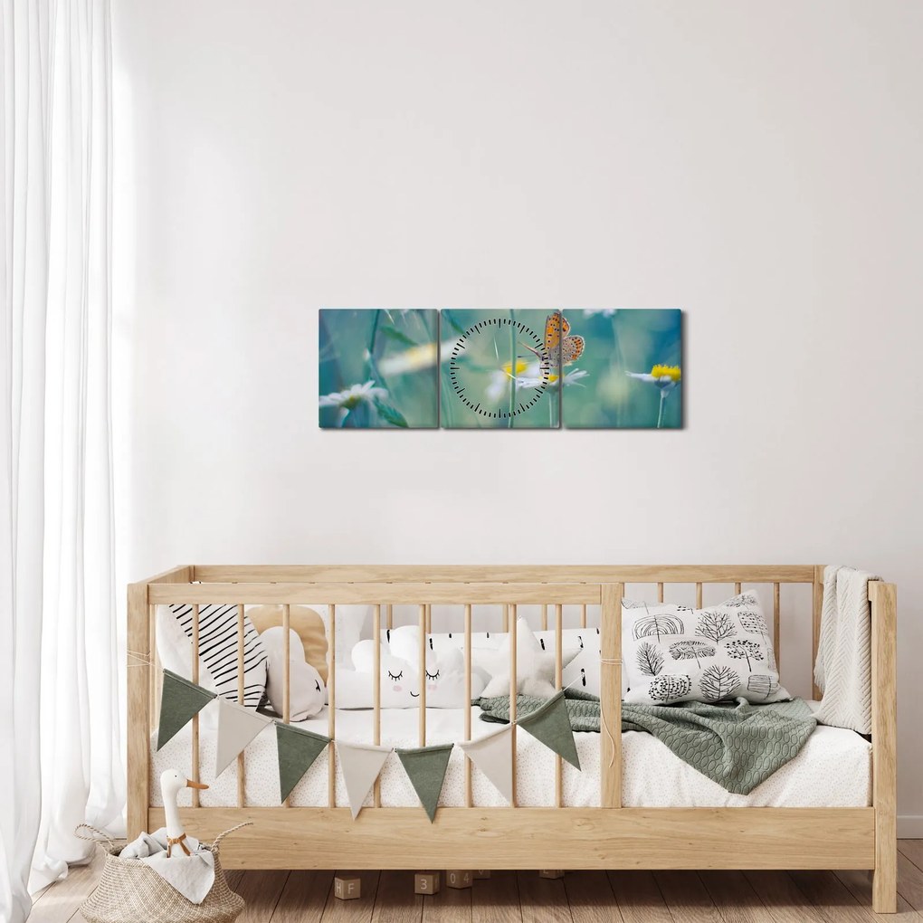 Obraz - Motýľ na sedmokráske (s hodinami) (90x30 cm)