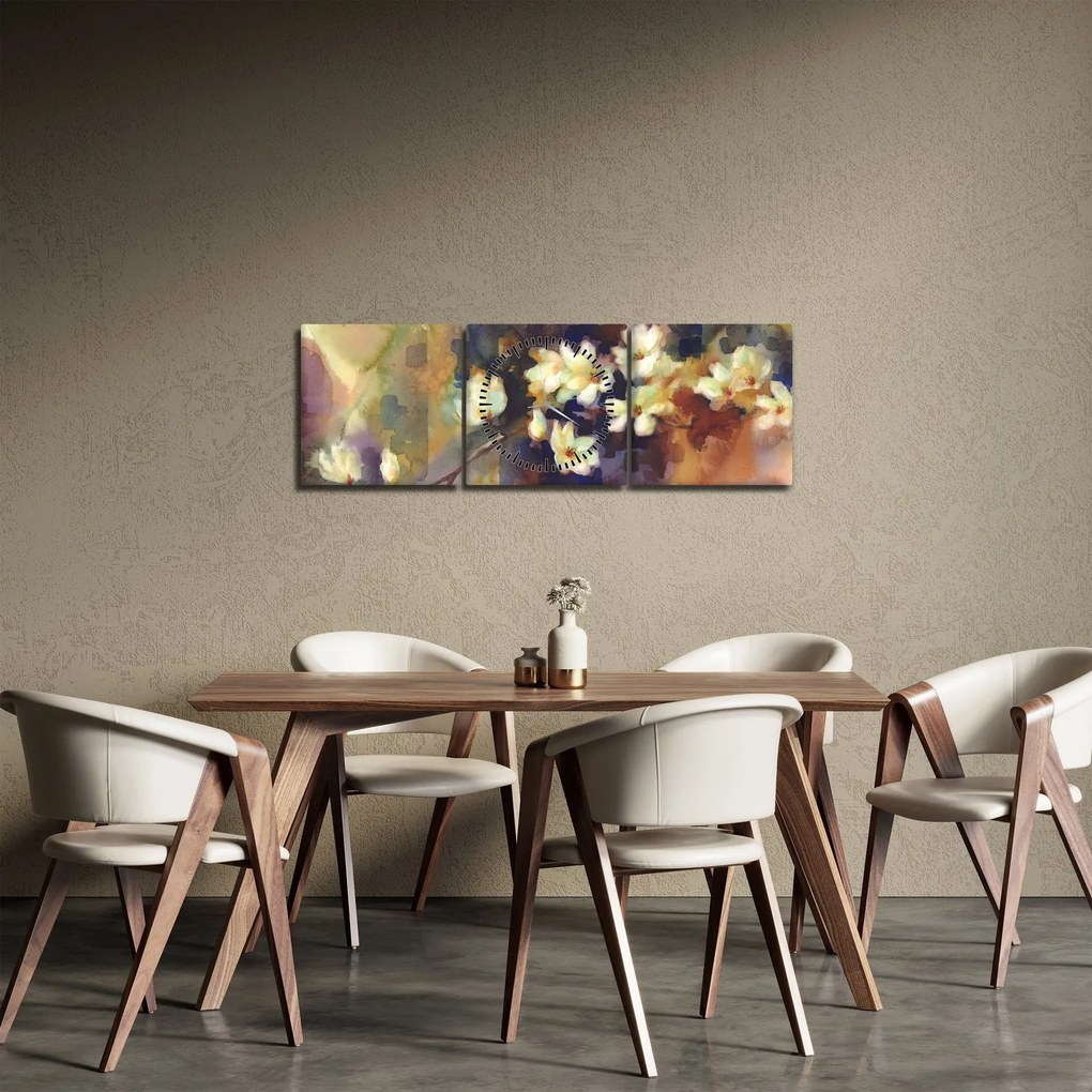 Obraz - Biele magnólie, maľba (s hodinami) (90x30 cm)