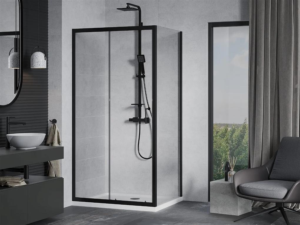 Mexen APIA, sprchový kút s posuvnými dverami 130 (dvere) x 100 (stena) cm, 5mm číre sklo, čierny profil + biela sprchová vanička, 840-130-100-70-00-4010B