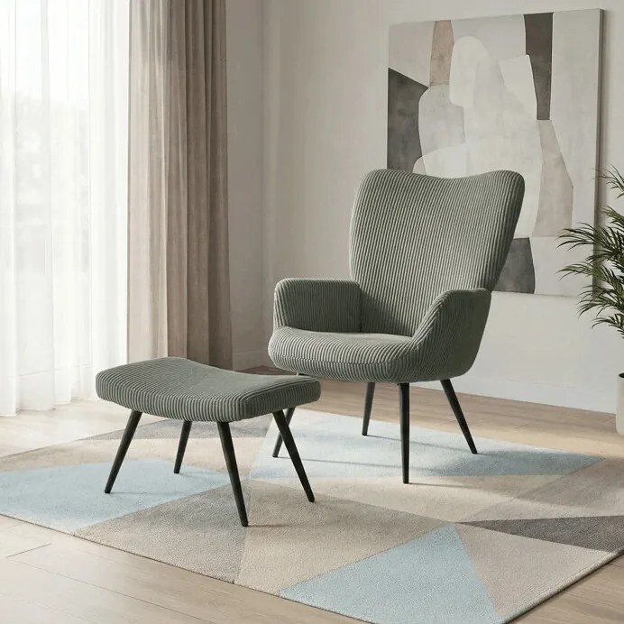 Relaxačné kreslo ušiak s taburetom ROYAL — kov, menčester, zelená