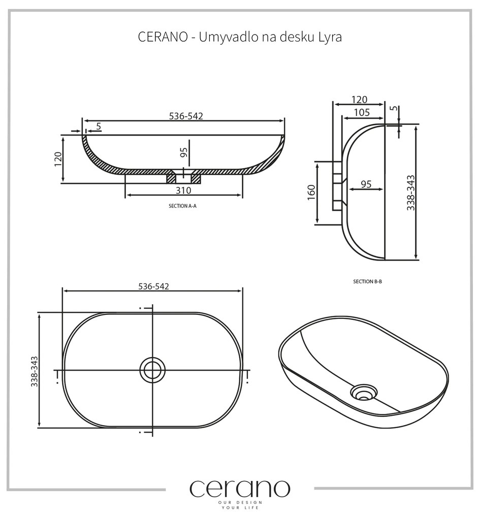 Cerano Lyra, umývadlo na dosku z liateho mramoru 540x340x120 mm, čierna matná, CER-CER-WB14B