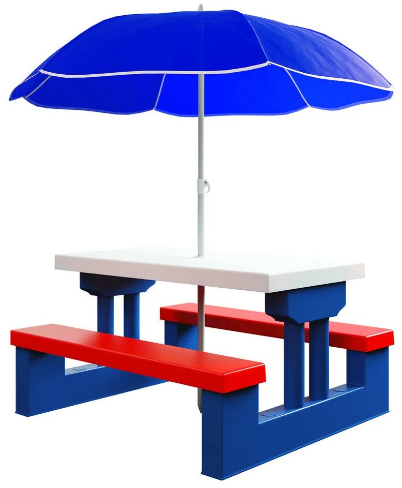 Spielwerk Detská sedacia zostava so slnečníkom JASMIN, 67x78,5x42,5cm, modrá/biela/červená
