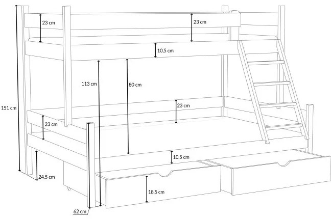 Detská poschodová posteľ z masívu borovice s rozšíreným spodným lôžkom NEVADA so šuplíkmi - 200x90/140 cm - BIELA
