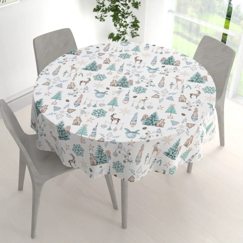 Biante Bavlnený okrúhly obrus Sandra SA-662 Modro-zeleno-hnedý vianočný vzor Ø 90 cm