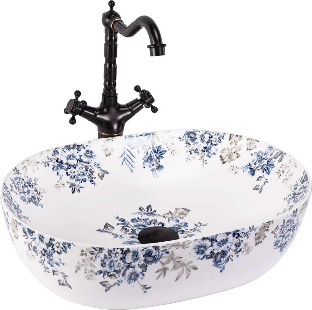 Rea Veronica Mat, umývadlo na dosku 485x350x135 mm, biela-modrá-vzor, REA-U3900